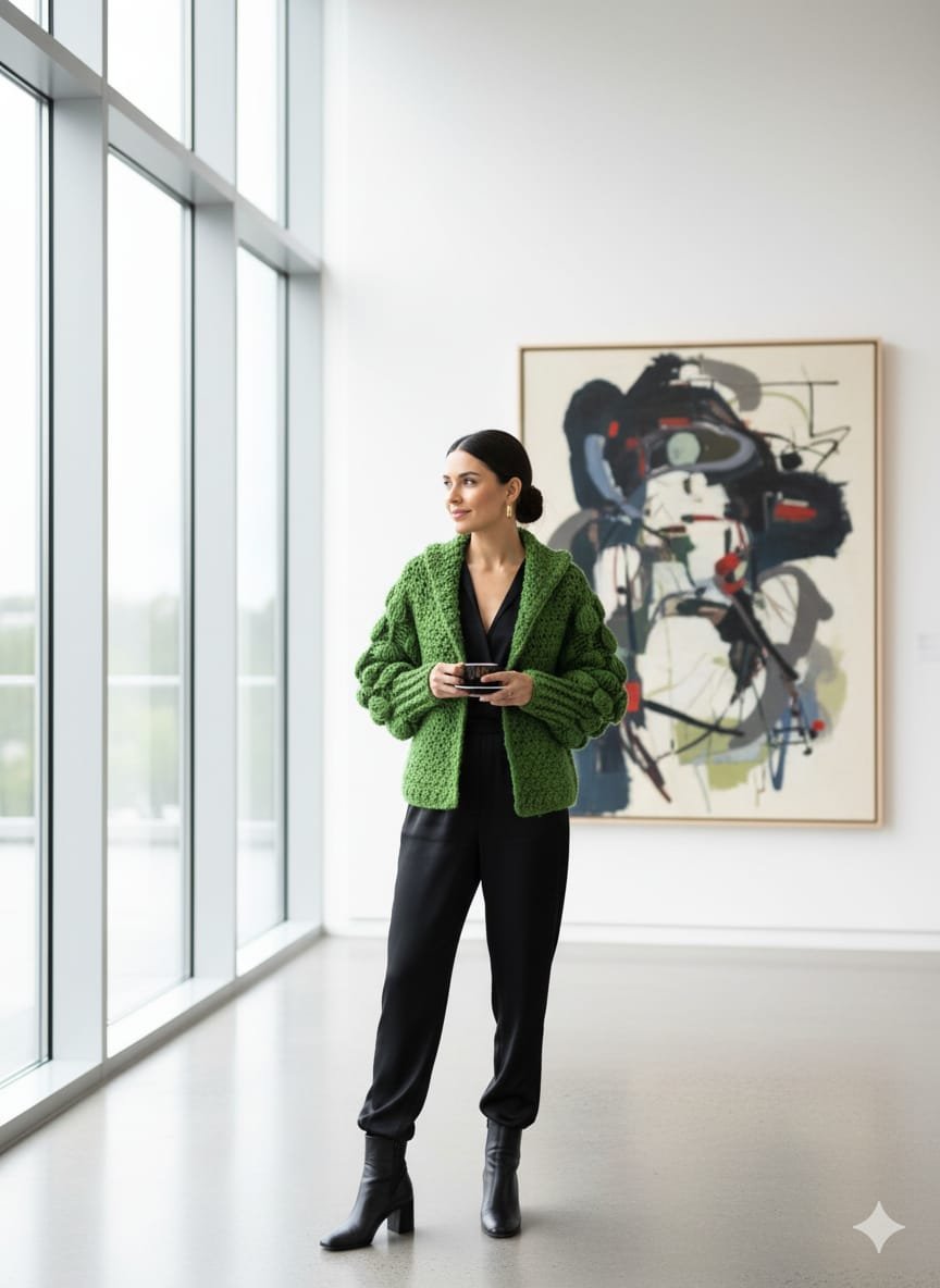 Chaqueta verde artesanal a crochet con mangas burbuja. Hecha a mano con hilo 100% acrílico. Suave, moderna y llena de encanto