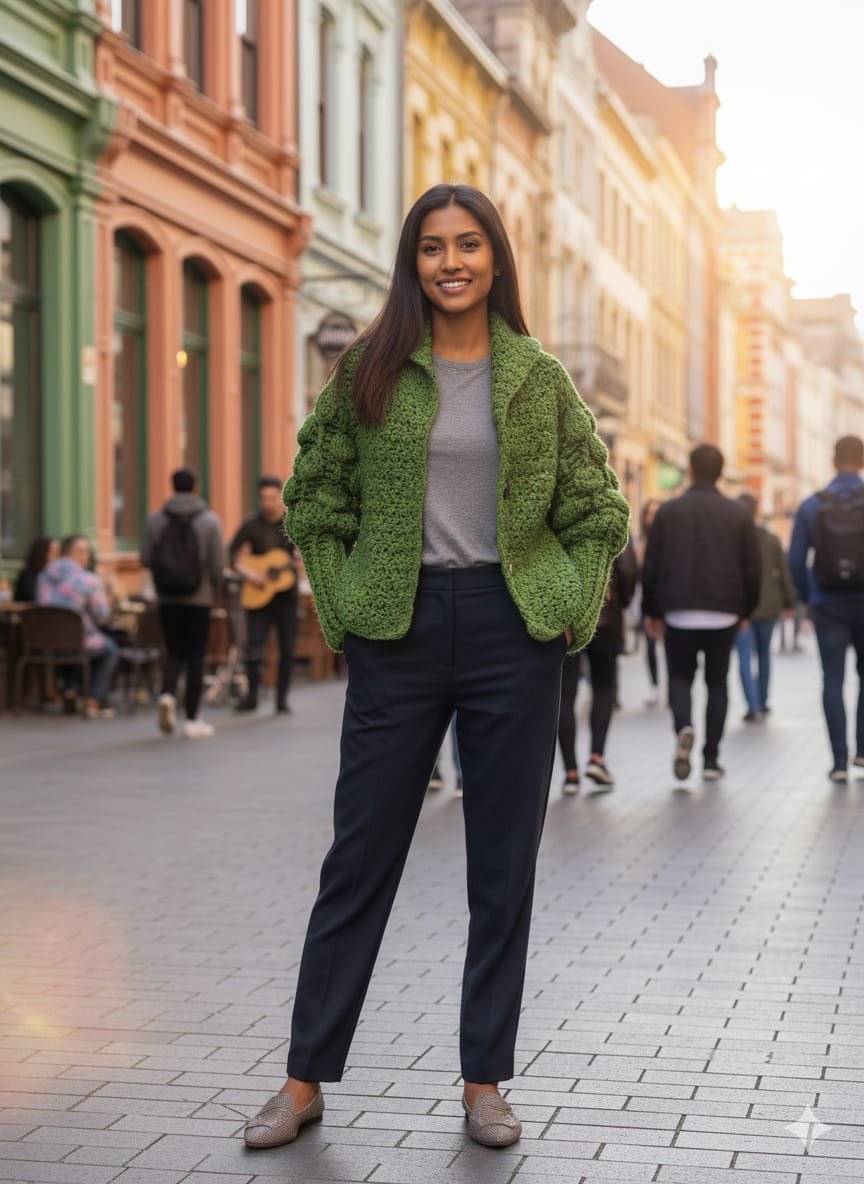 Chaqueta verde artesanal a crochet con mangas burbuja. Hecha a mano con hilo 100% acrílico. Suave, moderna y llena de encanto
