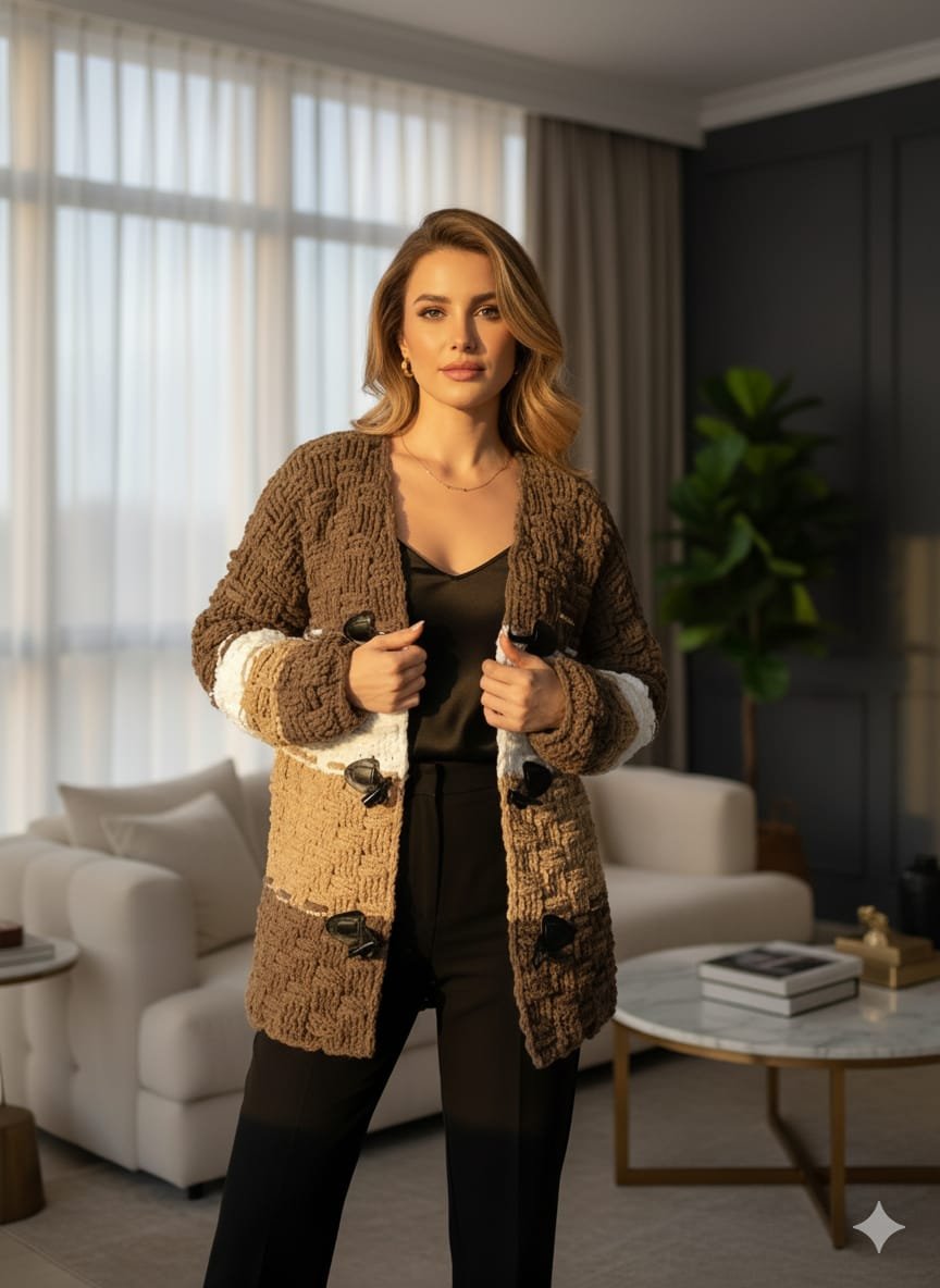 Cárdigan tricolor artesanal a crochet en tonos tierra con cierre de palanca