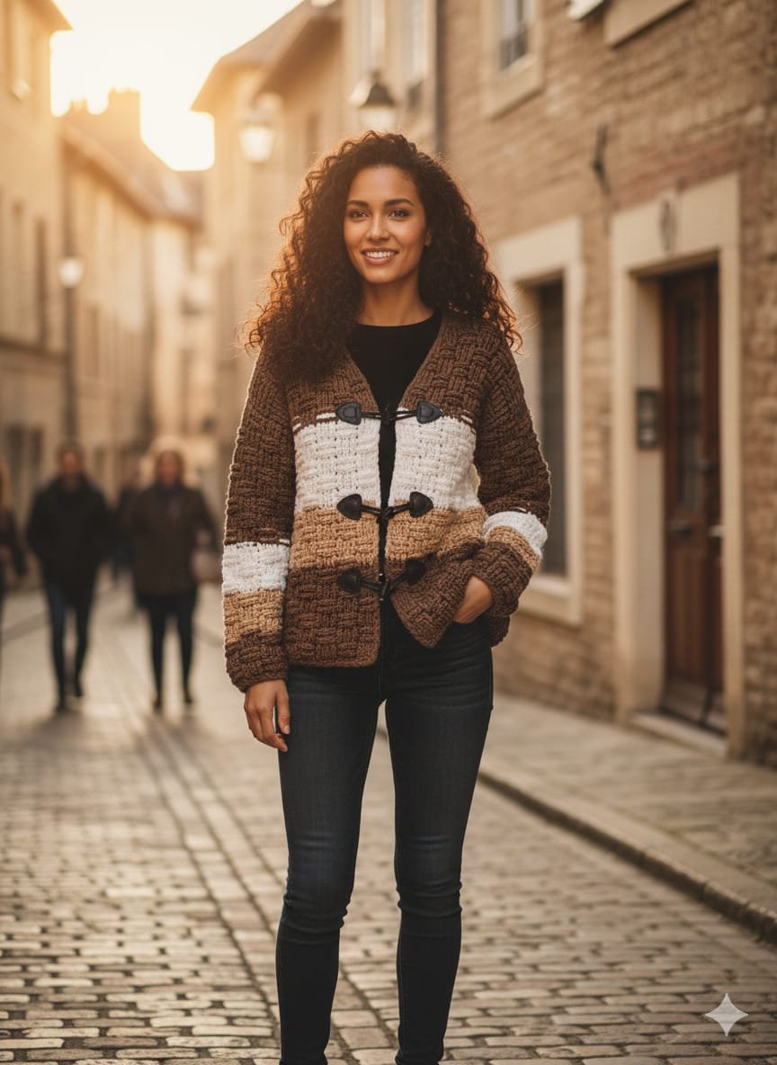 Cárdigan tricolor artesanal a crochet en tonos tierra con cierre de palanca