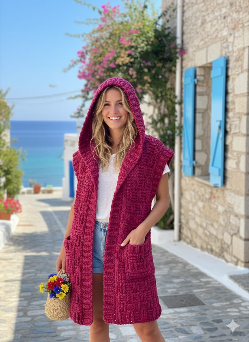 Cárdigan largo sin mangas con capucha en color rosa intenso. Hecho a mano con lana acrílica suave. Ligero, cálido y artesanal. Cárdigan largo sin mangas con capucha en color rosa intenso. Hecho a mano con lana acrílica suave. Ligero, cálido y artesanal.