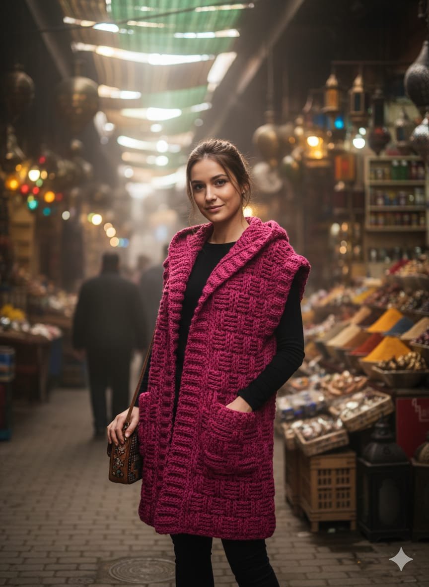 Cárdigan largo sin mangas con capucha en color rosa intenso. Hecho a mano con lana acrílica suave. Ligero, cálido y artesanal. Cárdigan largo sin mangas con capucha en color rosa intenso. Hecho a mano con lana acrílica suave. Ligero, cálido y artesanal.