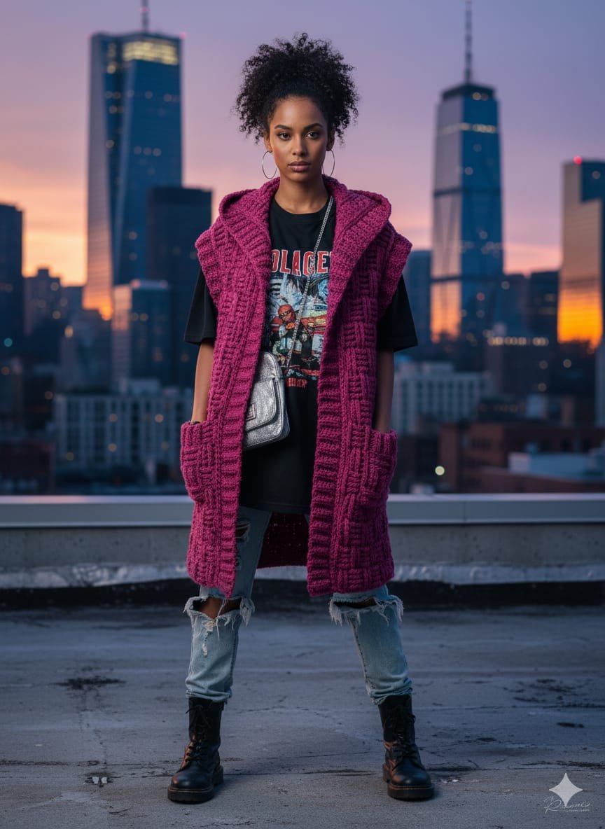 Cárdigan largo sin mangas con capucha en color rosa intenso. Hecho a mano con lana acrílica suave. Ligero, cálido y artesanal.