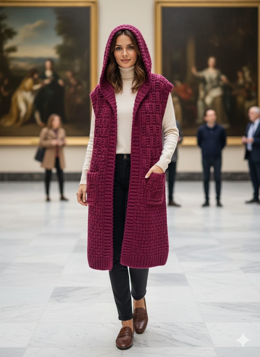 Cárdigan largo sin mangas con capucha en color rosa intenso. Hecho a mano con lana acrílica suave. Ligero, cálido y artesanal.