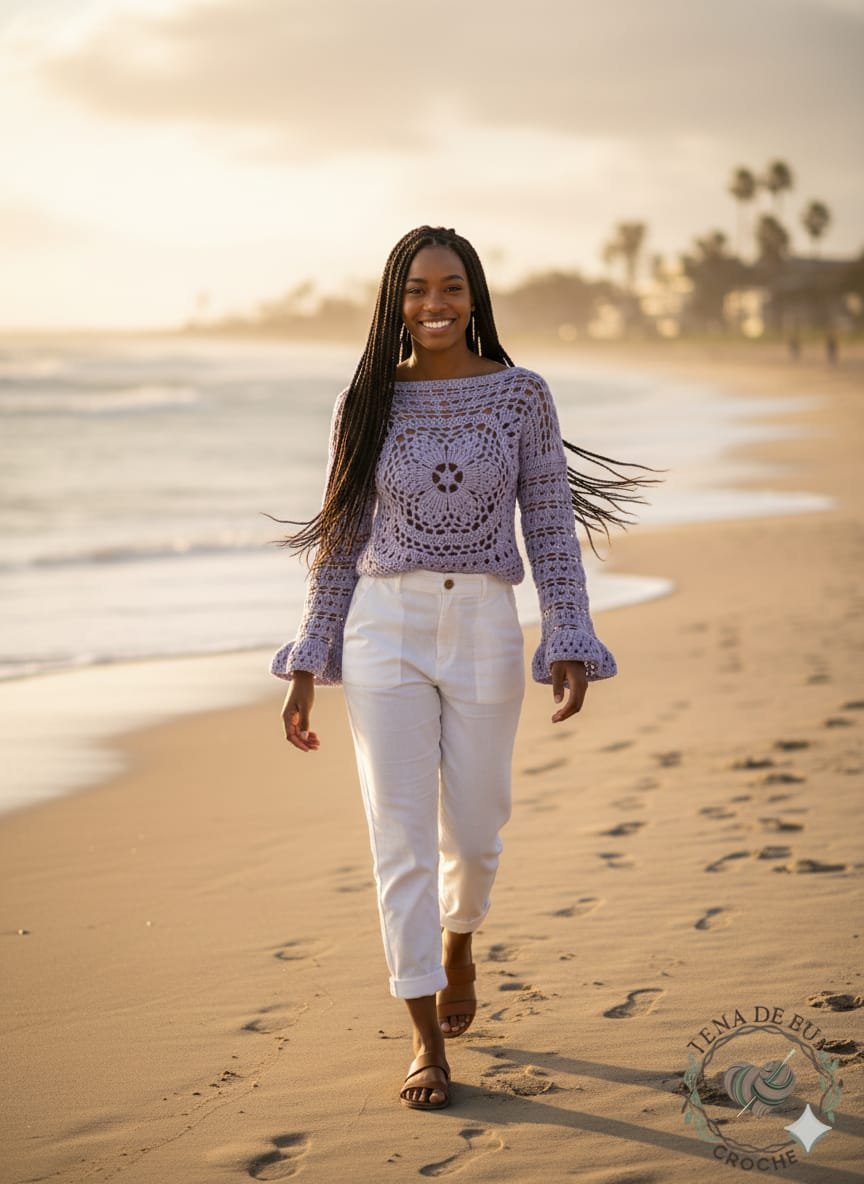 Blusa calada a crochet con flor central Hecha a mano con mezcla de algodón y acrílico.