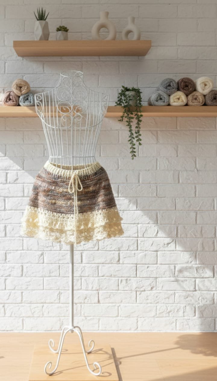 Falda corta a crochet en tonos marrones Hecha a mano con lana y mohair, suave y cálida. Con acabado de puntilla y cintura ajustable. Falda corta a crochet en tonos marrones Hecha a mano con lana y mohair, suave y cálida. Con acabado de puntilla y cintura ajustable.