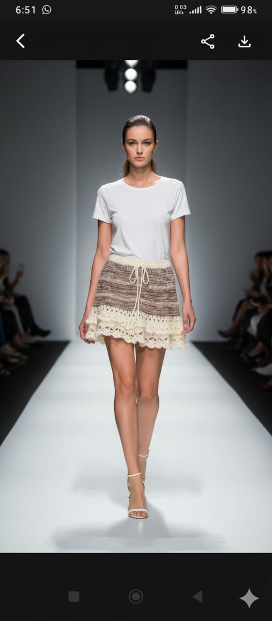 Falda corta a crochet en tonos marrones Hecha a mano con lana y mohair, suave y cálida. Con acabado de puntilla y cintura ajustable.