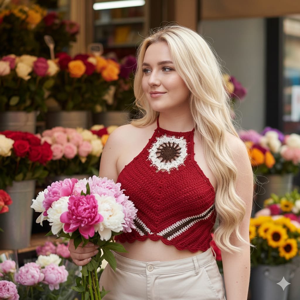 Top rojo a crochet con diseño de pentágono Hecho a mano con hilo 100% acrílico suave. Ajustable en la nuca y la espalda, con aire boho y lleno de energía. Artesanal, cómodo y con mucho estilo.