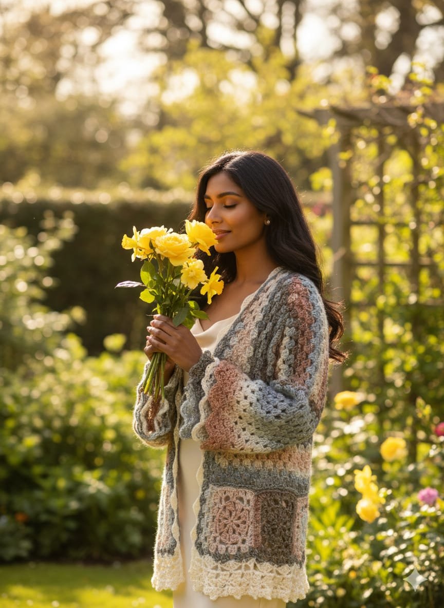 Cárdigan artesanal a crochet en verde matizado. Hecho a mano con lana y acrílico, suave, cálido y lleno de encanto.