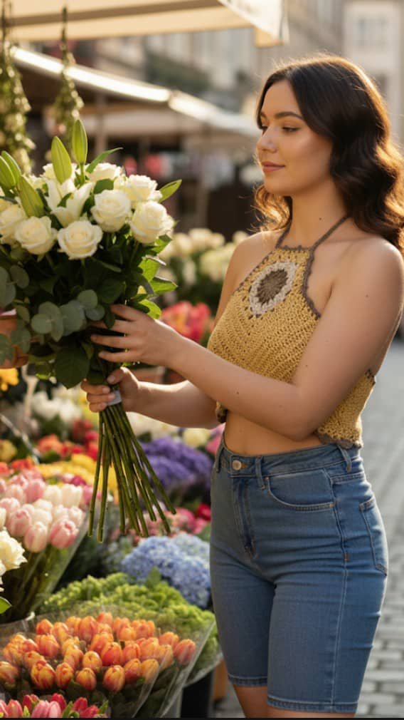 Top artesanal con pentáculo central, tejido en mezcla de algodón y acrílico. Ligero, ajustable y perfecto para looks de verano con estilo boho.