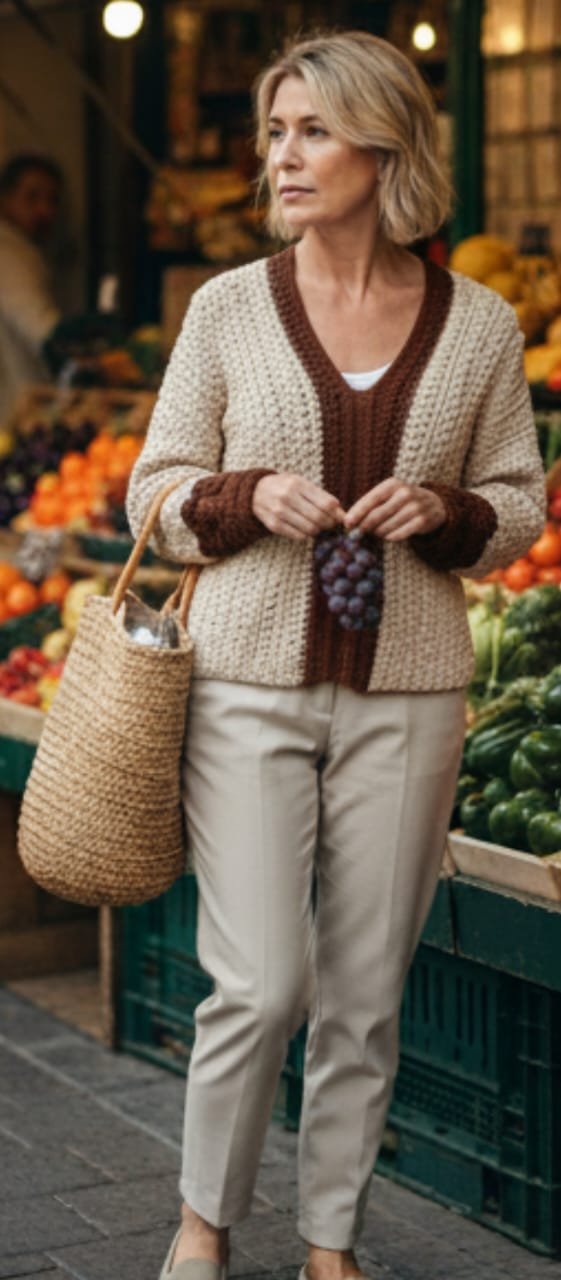 Suéter artesanal color café con leche con escote en V. Tejido en mezcla de algodón y acrílico. Suave, ligero y perfecto para cualquier look.