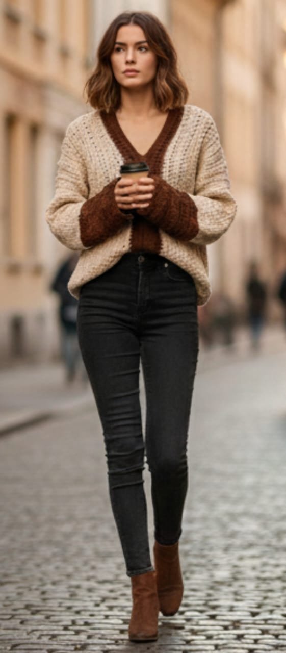 Suéter artesanal color café con leche con escote en V. Tejido en mezcla de algodón y acrílico. Suave, ligero y perfecto para cualquier look. Suéter artesanal color café con leche con escote en V. Tejido en mezcla de algodón y acrílico. Suave, ligero y perfecto para cualquier look.