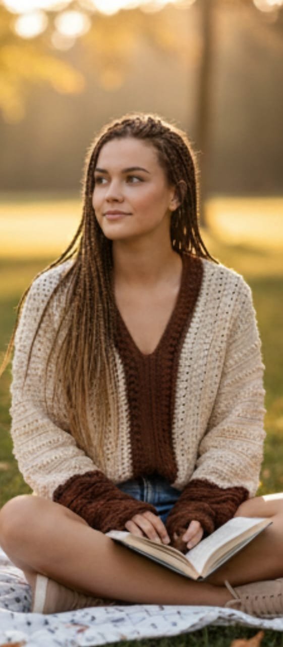 Suéter artesanal color café con leche con escote en V. Tejido en mezcla de algodón y acrílico. Suave, ligero y perfecto para cualquier look.