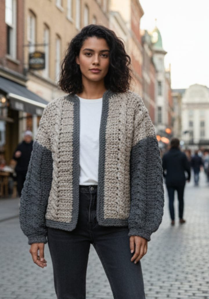 Chaqueta artesanal en tonos grises, tejida en lana cálida. Largo a la cintura, cómoda y perfecta para otoño e invierno. Ligera y muy combinable.