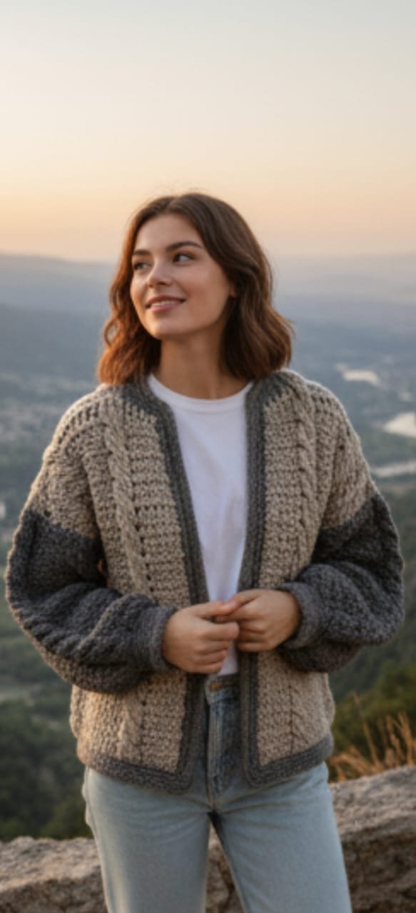 Chaqueta artesanal en tonos grises, tejida en lana cálida. Largo a la cintura, cómoda y perfecta para otoño e invierno. Ligera y muy combinable.