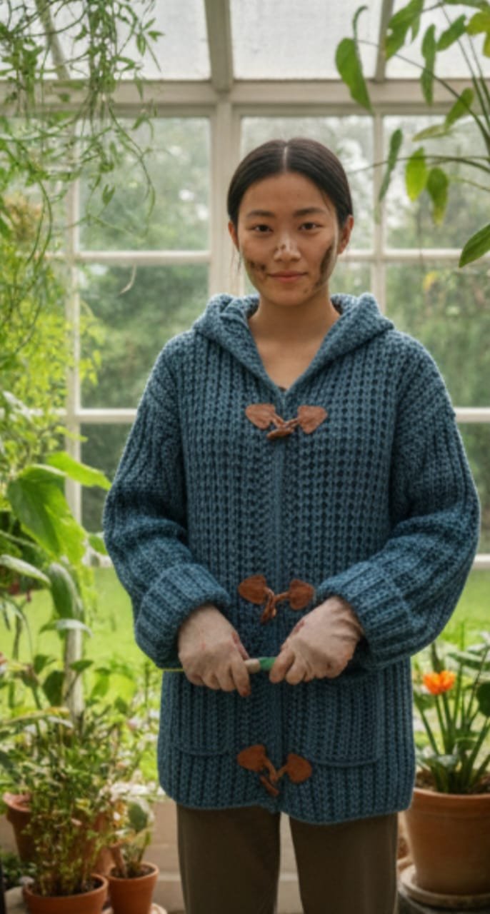 Cárdigan azul con capucha y palancas – lana acrílica suave Cárdigan azul con capucha y palancas – lana acrílica suave
