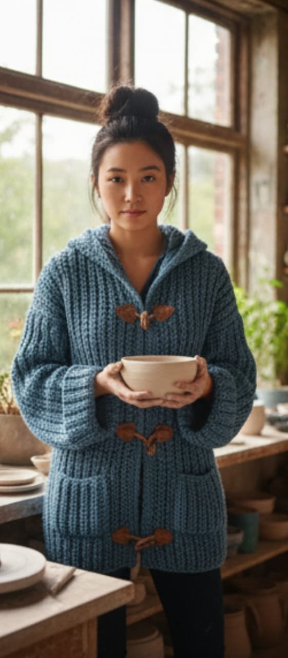 Cárdigan azul con capucha y palancas – lana acrílica suave Cárdigan azul con capucha y palancas – lana acrílica suave