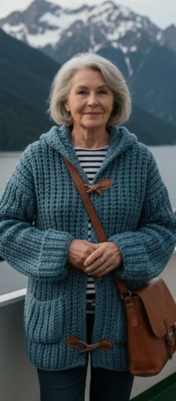 Cárdigan azul con capucha y palancas – lana acrílica suave Cárdigan azul con capucha y palancas – lana acrílica suave