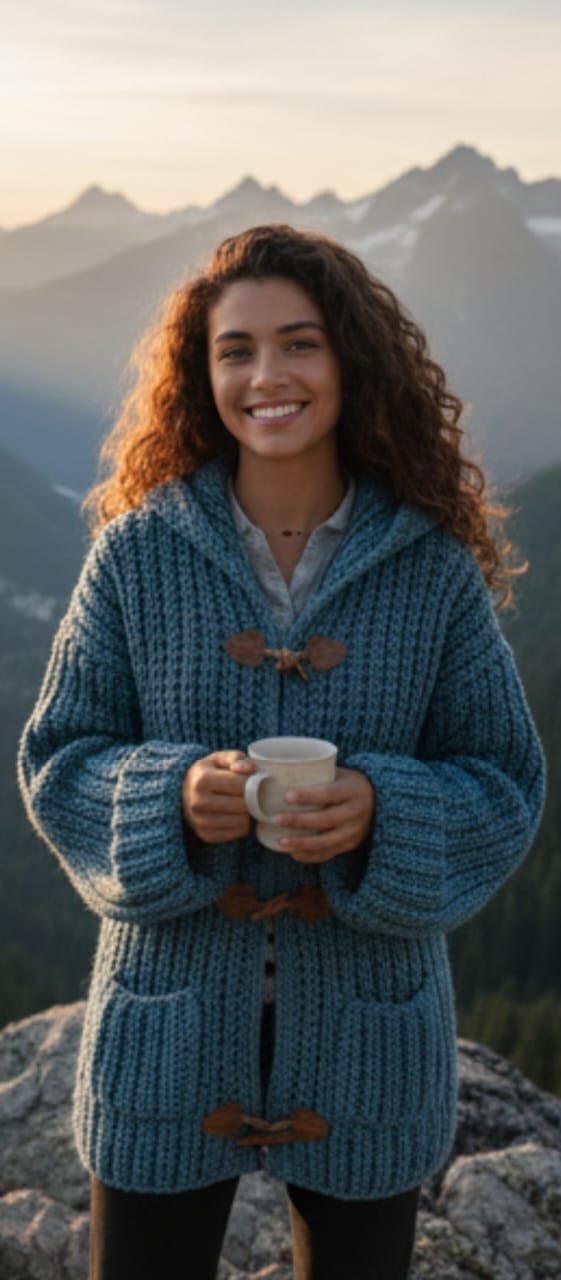 Cárdigan azul con capucha y palancas – lana acrílica suave