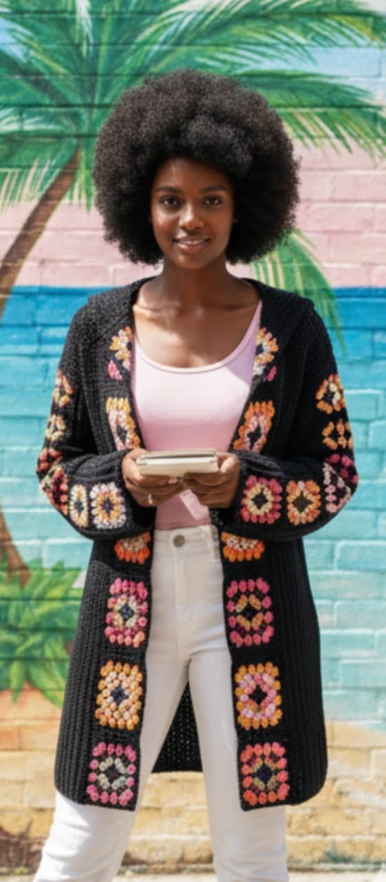 Cárdigan negro artesanal con detalles granny coloridos, tejido en 100% acrílico suave. Ligero, versátil y perfecto para looks modernos y boho.