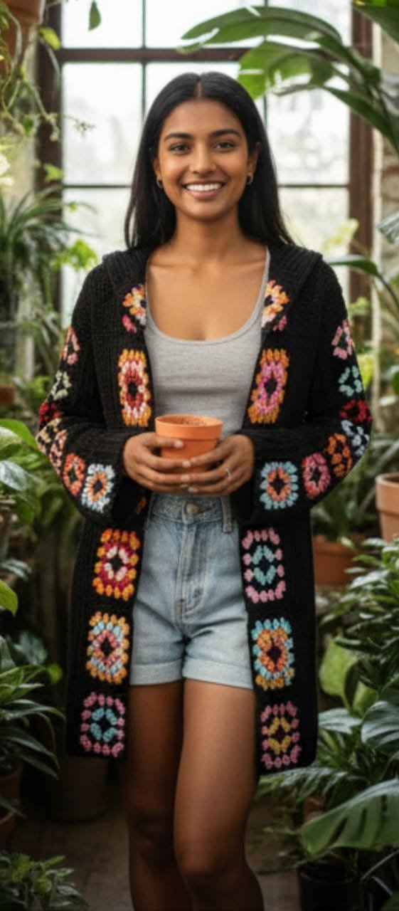 Cárdigan negro artesanal con detalles granny coloridos, tejido en 100% acrílico suave. Ligero, versátil y perfecto para looks modernos y boho.