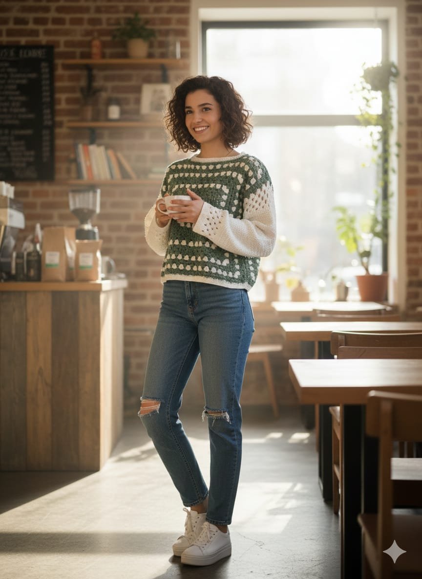 Suéter artesanal con granny central verde y blanco