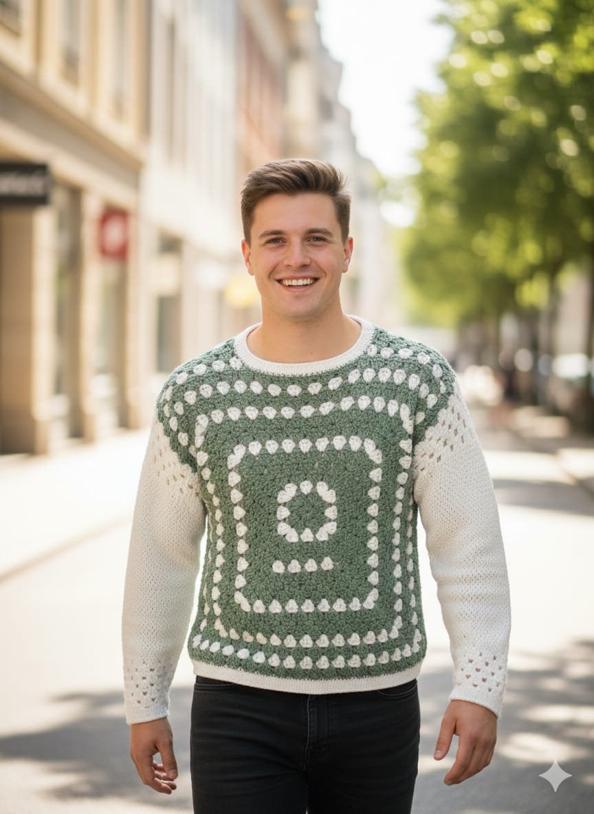 Suéter artesanal con granny central verde y blanco Suéter artesanal con granny central verde y blanco