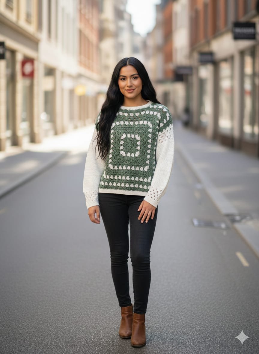 Suéter artesanal con granny central verde y blanco Suéter artesanal con granny central verde y blanco