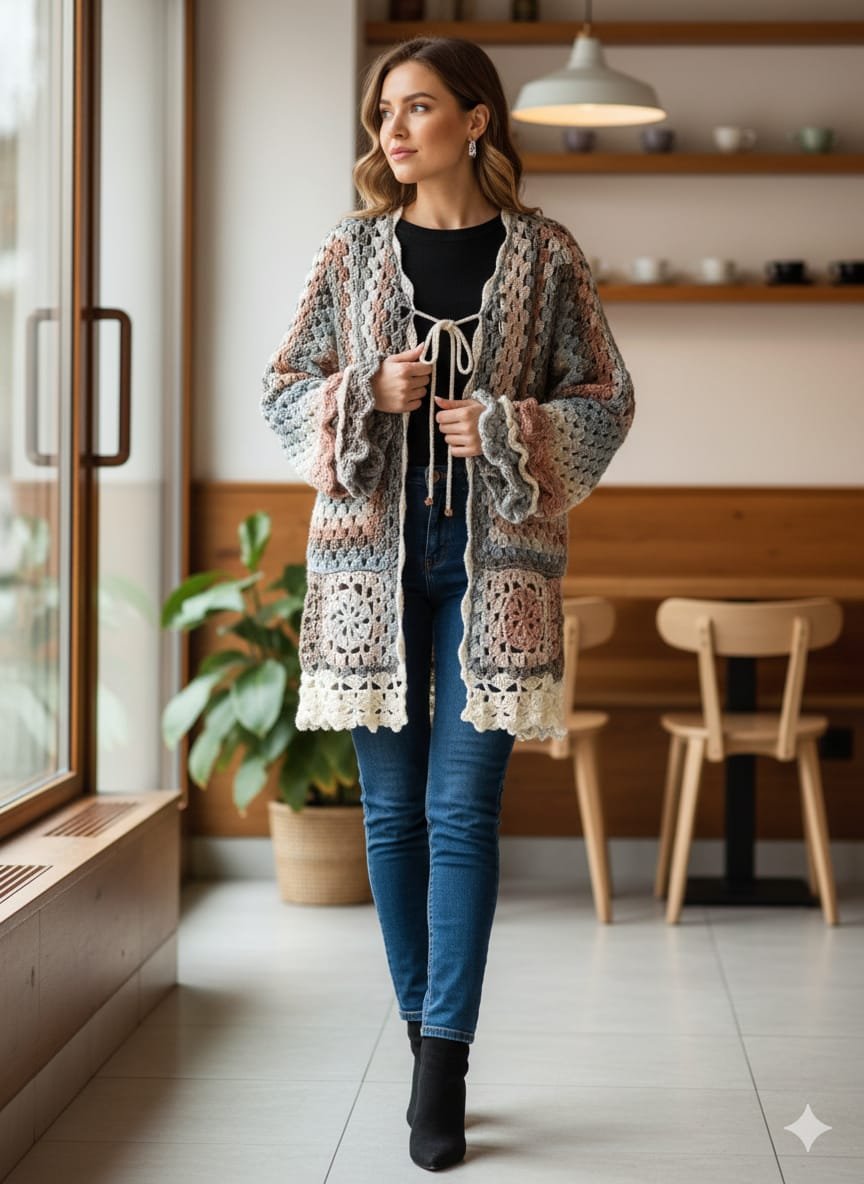 Cárdigan artesanal a crochet en verde matizado. Hecho a mano con lana y acrílico, suave, cálido y lleno de encanto.