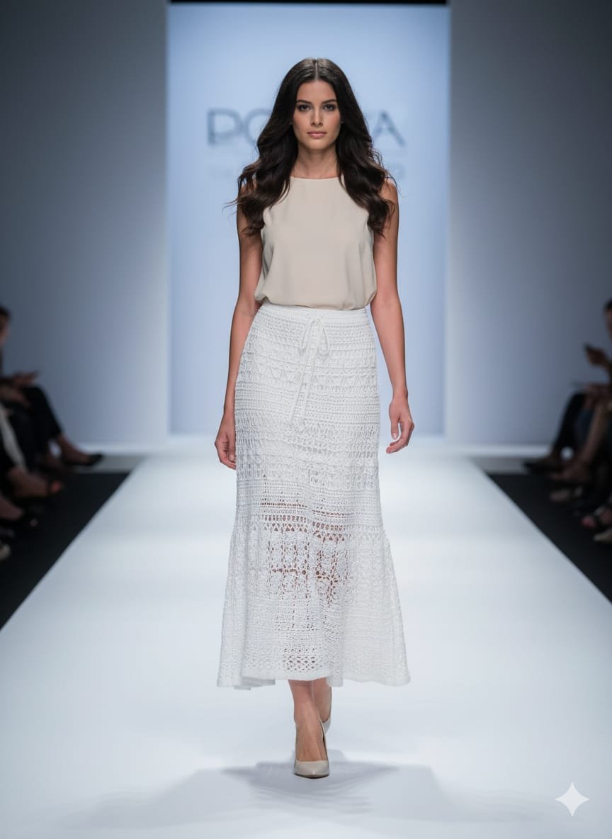 Falda larga calada a crochet blanca Hecha a mano con hilo 100% acrílico suave. Con forro interior, calados elegantes y cintura ajustable