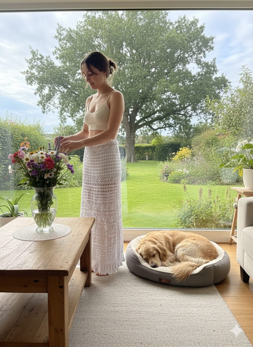 Falda larga calada a crochet blanca Hecha a mano con hilo 100% acrílico suave. Con forro interior, calados elegantes y cintura ajustable