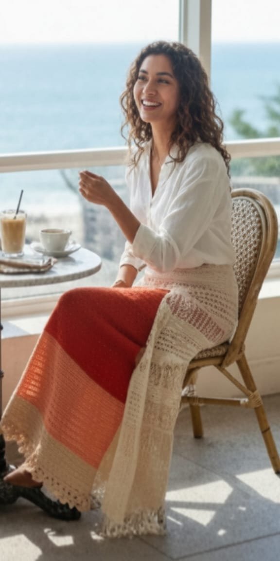 Falda larga artesanal a crochet en tonos naranja y beige con puntilla. Hecha a mano con hilo 100% acrílico. Ligera y femenina.