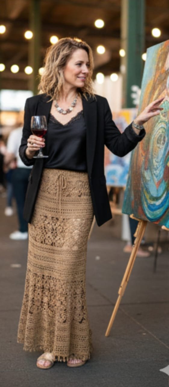 Falda larga artesanal en color tierra, tejida en hilo de bambú. Suave, fresca y con cintura ajustable. Diseño único con caída fluida y natural.