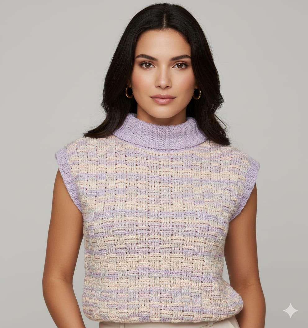 Suéter sin mangas en tonos pastel con cuello alto. Suave, moderno y perfecto para combinar en cualquier temporada. Ideal para outfits delicados y elegantes.