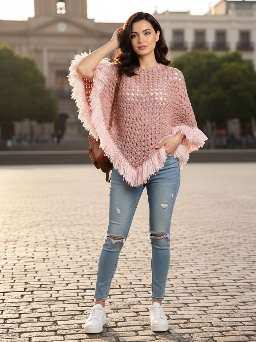 Poncho rosa con flecos suave, boho y con una caída preciosa. Perfecto para cualquier look Poncho rosa con flecos suave, boho y con una caída preciosa. Perfecto para cualquier look