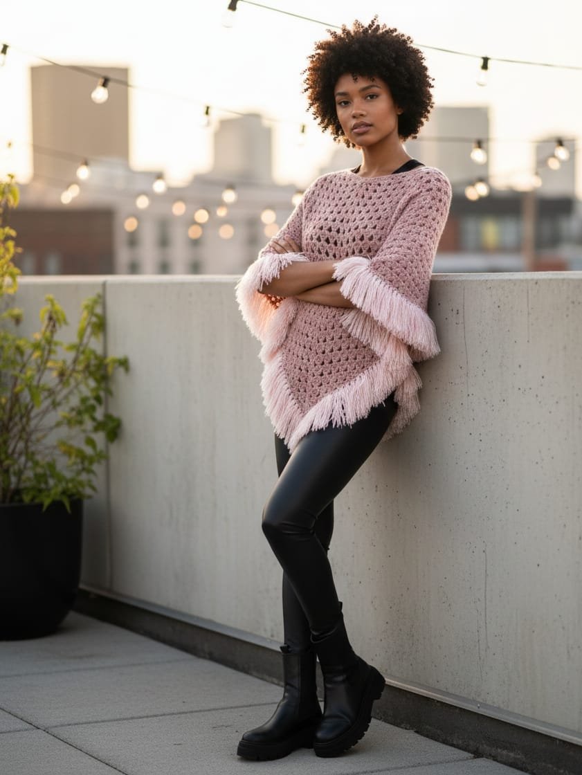 Poncho rosa con flecos suave, boho y con una caída preciosa. Perfecto para cualquier look Poncho rosa con flecos suave, boho y con una caída preciosa. Perfecto para cualquier look