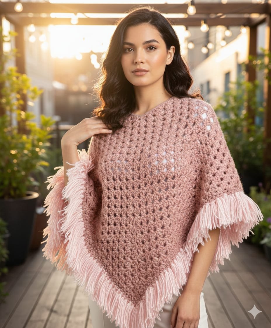 Poncho rosa con flecos suave, boho y con una caída preciosa. Perfecto para cualquier look