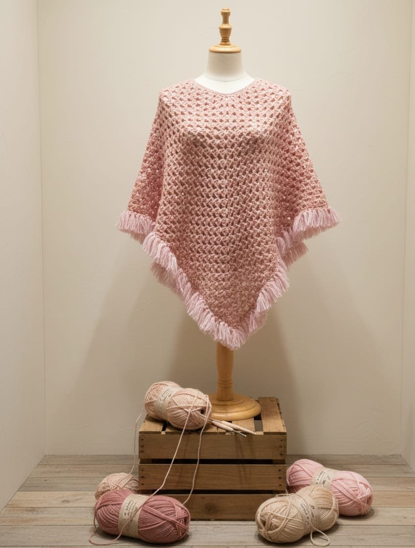 Poncho rosa con flecos suave, boho y con una caída preciosa. Perfecto para cualquier look Poncho rosa con flecos suave, boho y con una caída preciosa. Perfecto para cualquier look